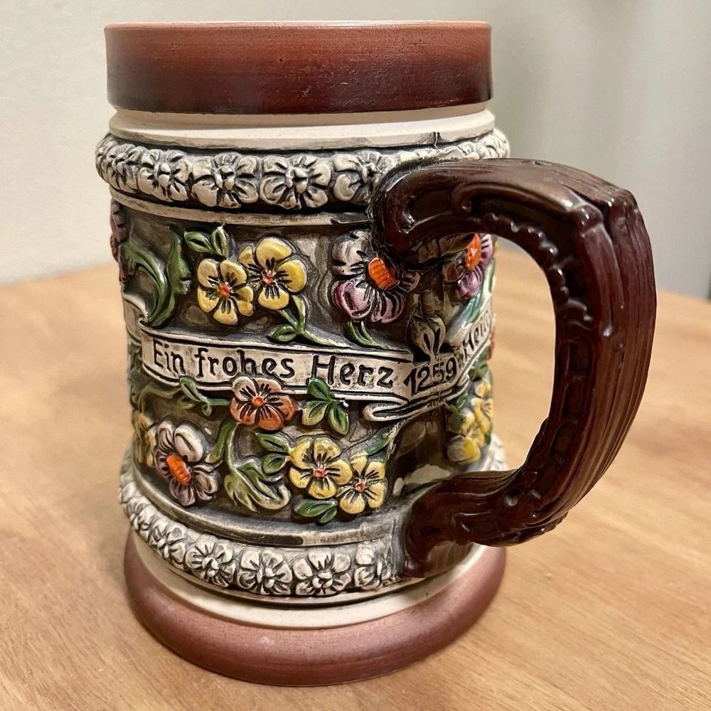 Vintage‎ Thewalt ? German Beer Stein 3D Floral Musician Scene Colorful
